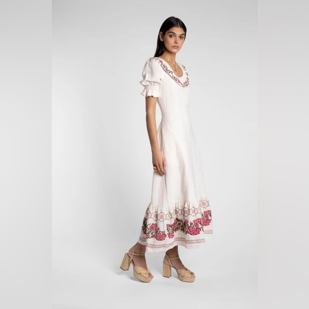 BEULAH LONDON 100% Linen Embroidered Modest Romantic Feminine Dress Size US8 NWT - Picture 2 of 7